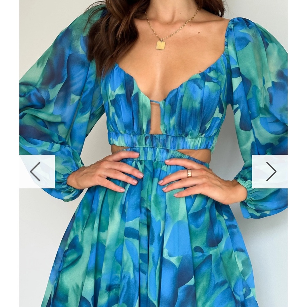 Vibrant Blue and Green Long Sleeve Cut Out Dress